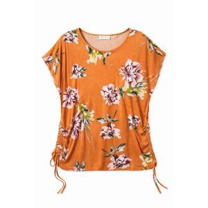 Ava and Viv 2X Orange Floral Top Ruched Sides Tie Dolman Sleeve Plus Size